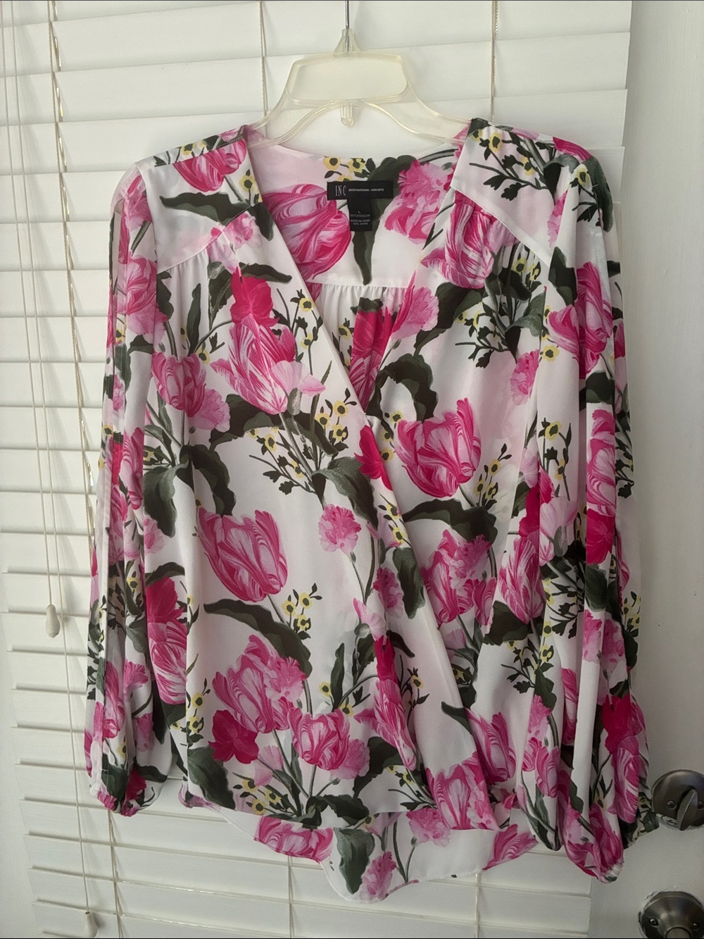 INC International Concepts Blouse Top Faux Wrap Floral Pink Green SZ L Like New!